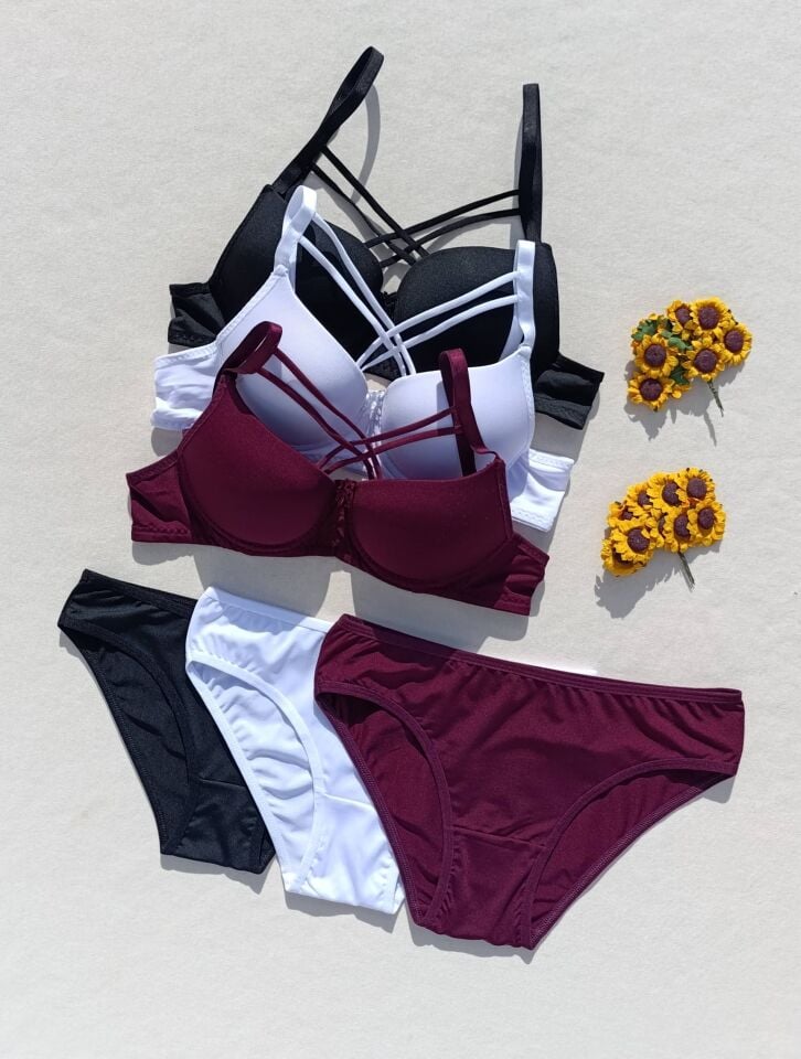 Push Up Dolgulu Çapraz İpli 3'lü  Sütyen Ve Külot Iç Çamaşır Takımı