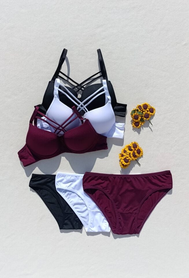 Push Up Dolgulu Çapraz İpli 3'lü  Sütyen Ve Külot Iç Çamaşır Takımı