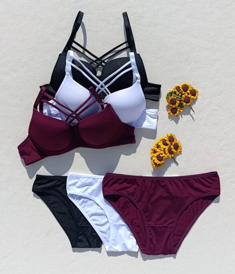 Push Up Dolgulu Çapraz İpli 3'lü  Sütyen Ve Külot Iç Çamaşır Takımı