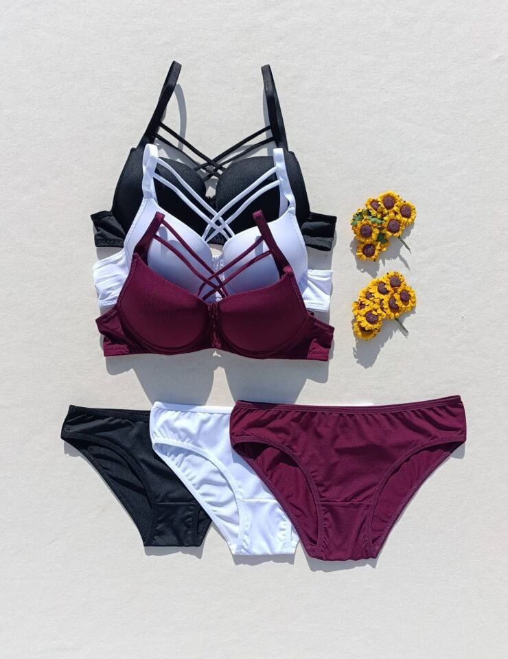 Push Up Dolgulu Çapraz İpli 3'lü  Sütyen Ve Külot Iç Çamaşır Takımı