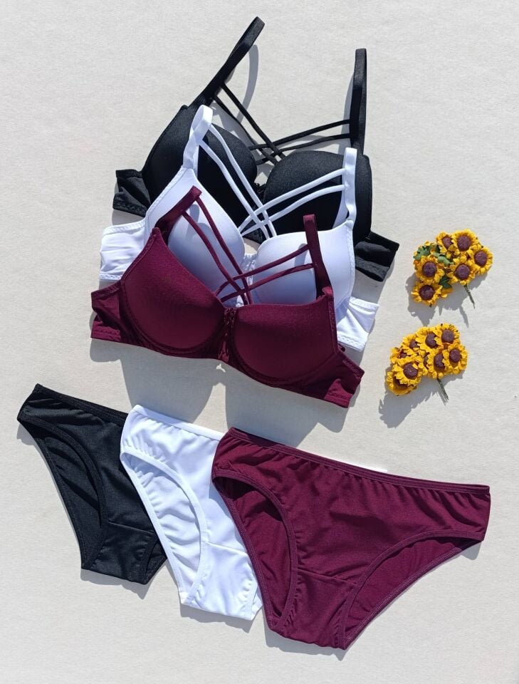 Push Up Dolgulu Çapraz İpli 3'lü  Sütyen Ve Külot Iç Çamaşır Takımı