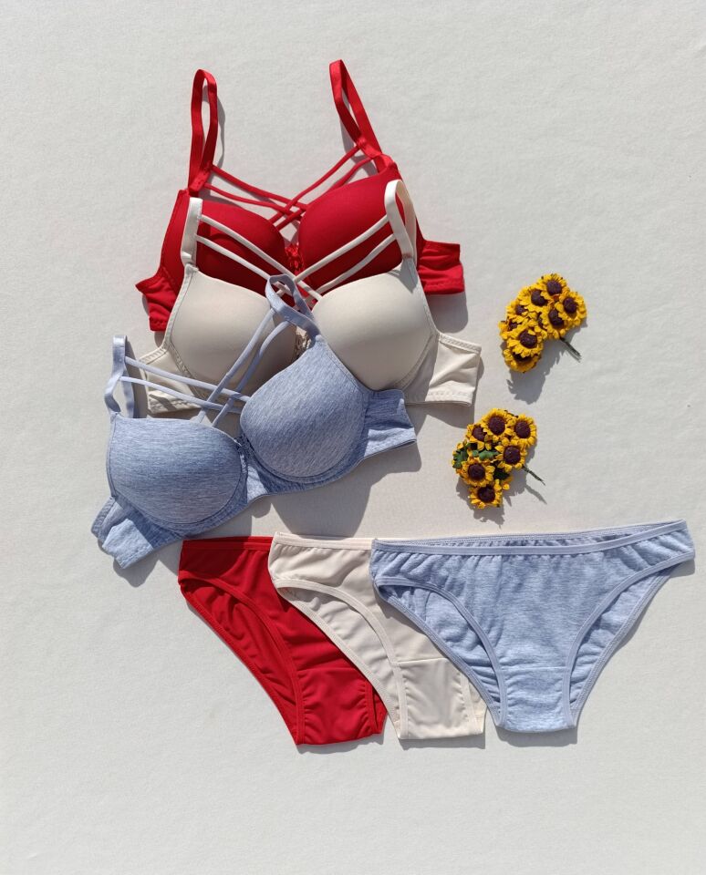 Push Up Dolgulu Çapraz İpli 3'lü  Sütyen Ve Külot Iç Çamaşır Takımı