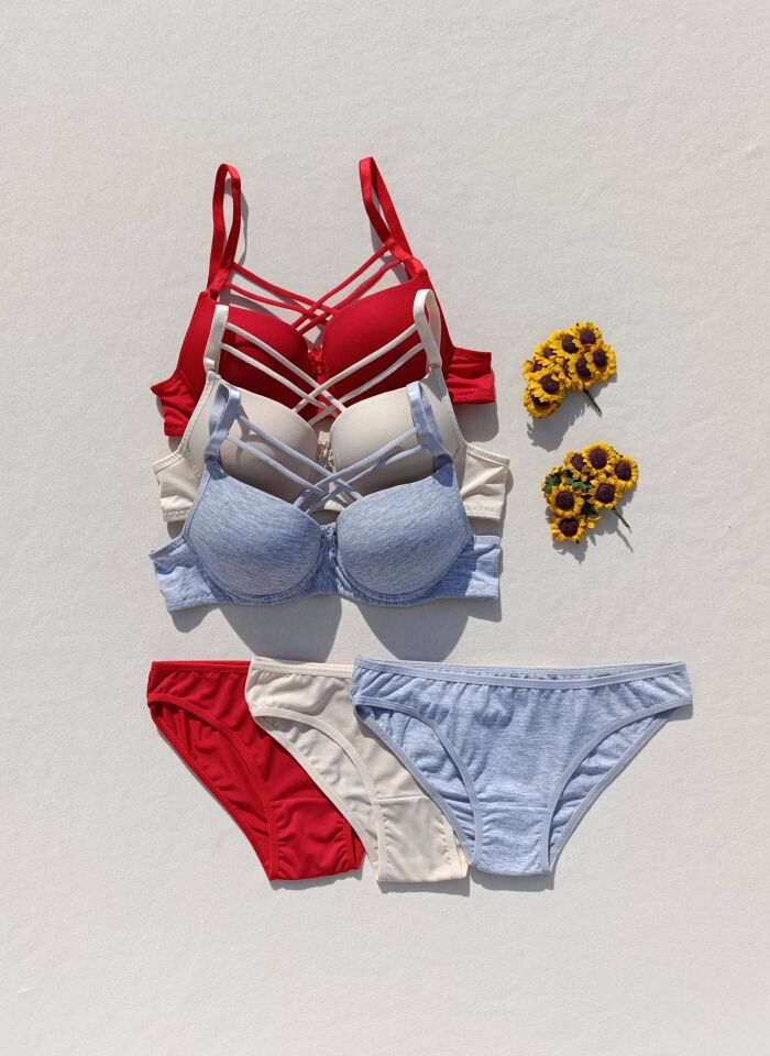 Push Up Dolgulu Çapraz İpli 3'lü  Sütyen Ve Külot Iç Çamaşır Takımı