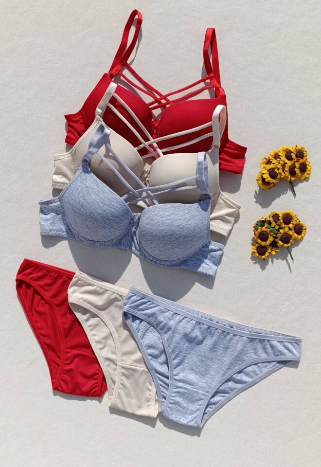 Push Up Dolgulu Çapraz İpli 3'lü  Sütyen Ve Külot Iç Çamaşır Takımı