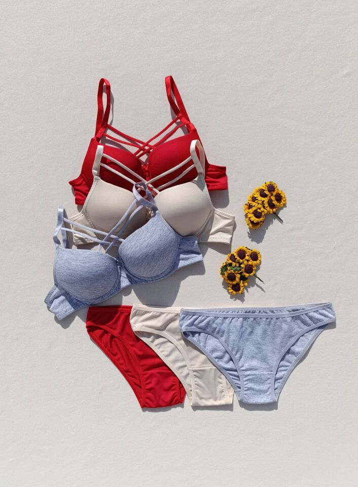 Push Up Dolgulu Çapraz İpli 3'lü  Sütyen Ve Külot Iç Çamaşır Takımı