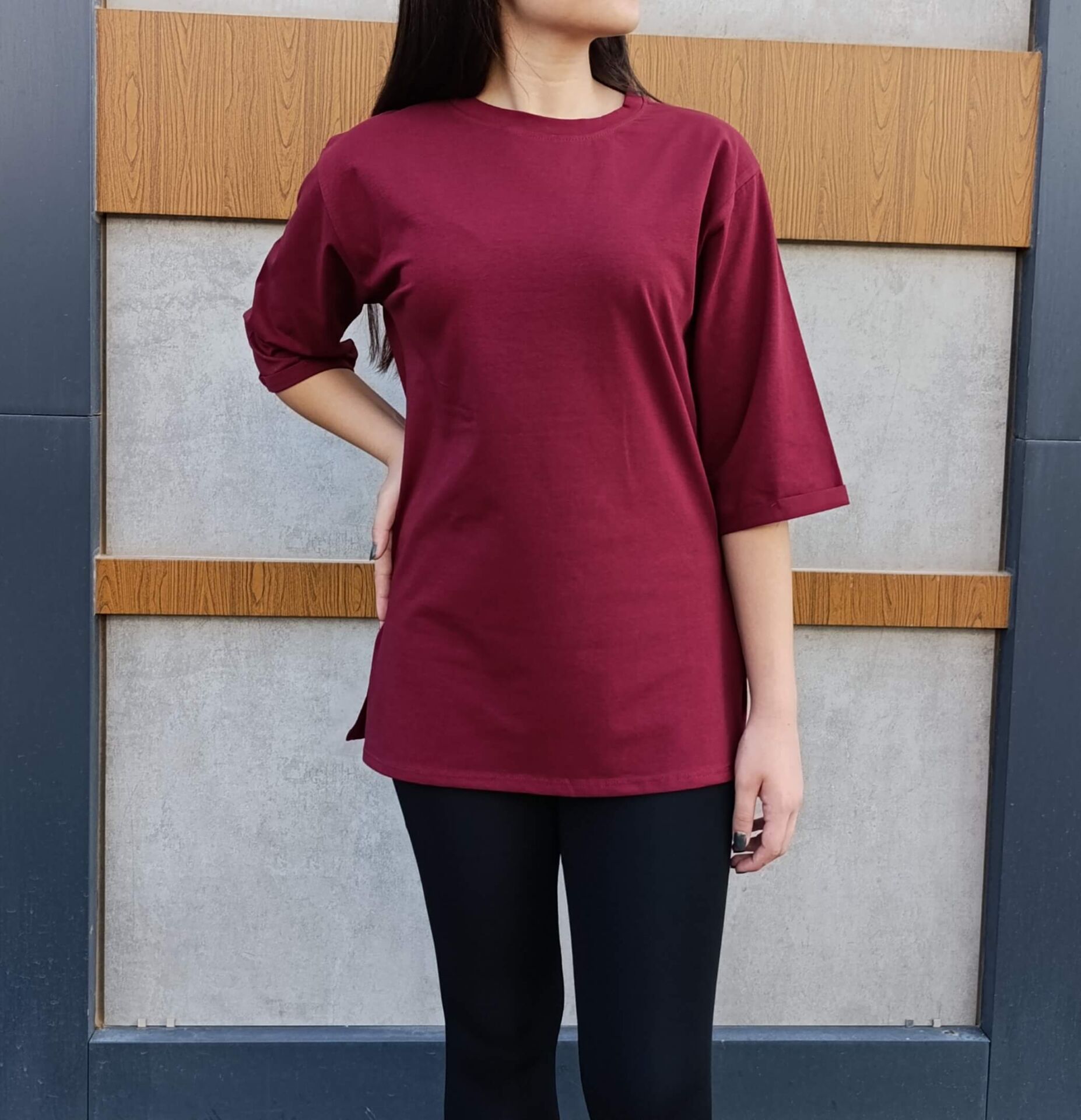 Bisiklet Yaka Düz Yarım Kollu Yırtmaç Detaylı Rahat Kesim Oversize T-shirt-Tişört