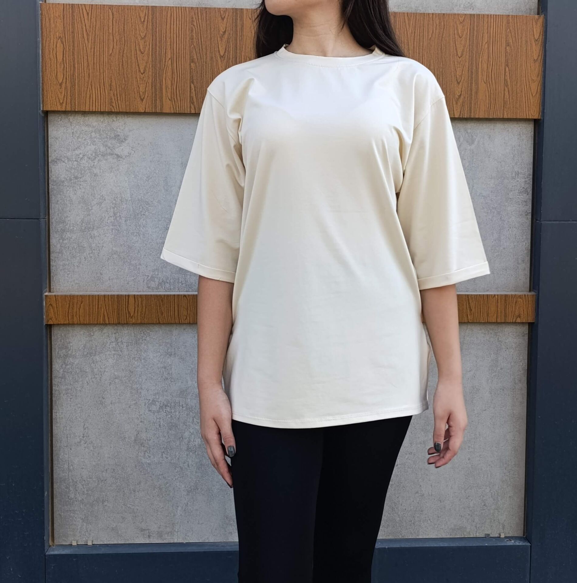 Bisiklet Yaka Düz Yarım Kollu Yırtmaç Detaylı Rahat Kesim Oversize T-shirt-Tişört