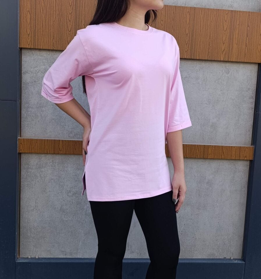 Bisiklet Yaka Düz Yarım Kollu Yırtmaç Detaylı Rahat Kesim Oversize T-shirt-Tişört