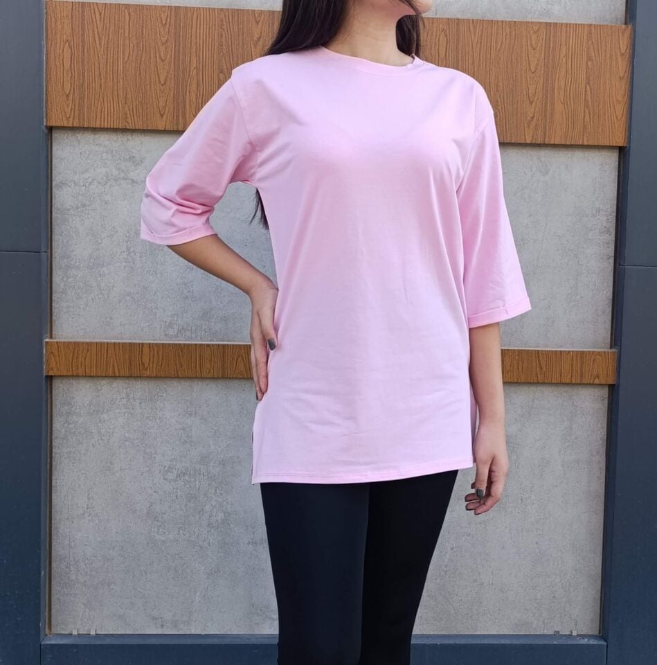 Bisiklet Yaka Düz Yarım Kollu Yırtmaç Detaylı Rahat Kesim Oversize T-shirt-Tişört