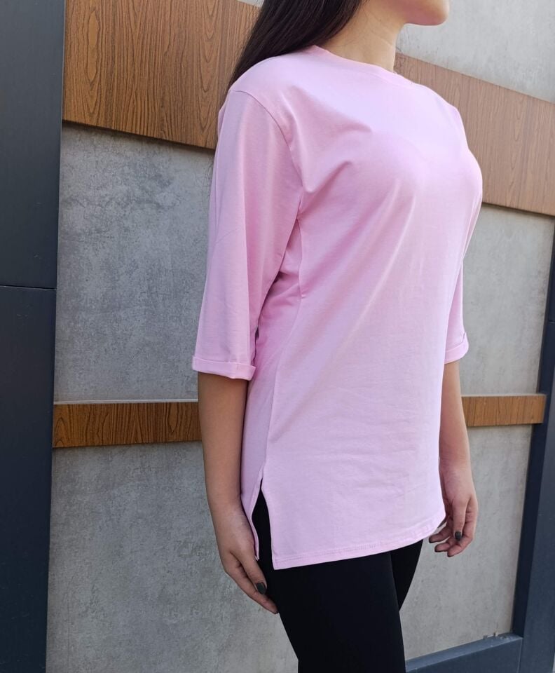 Bisiklet Yaka Düz Yarım Kollu Yırtmaç Detaylı Rahat Kesim Oversize T-shirt-Tişört