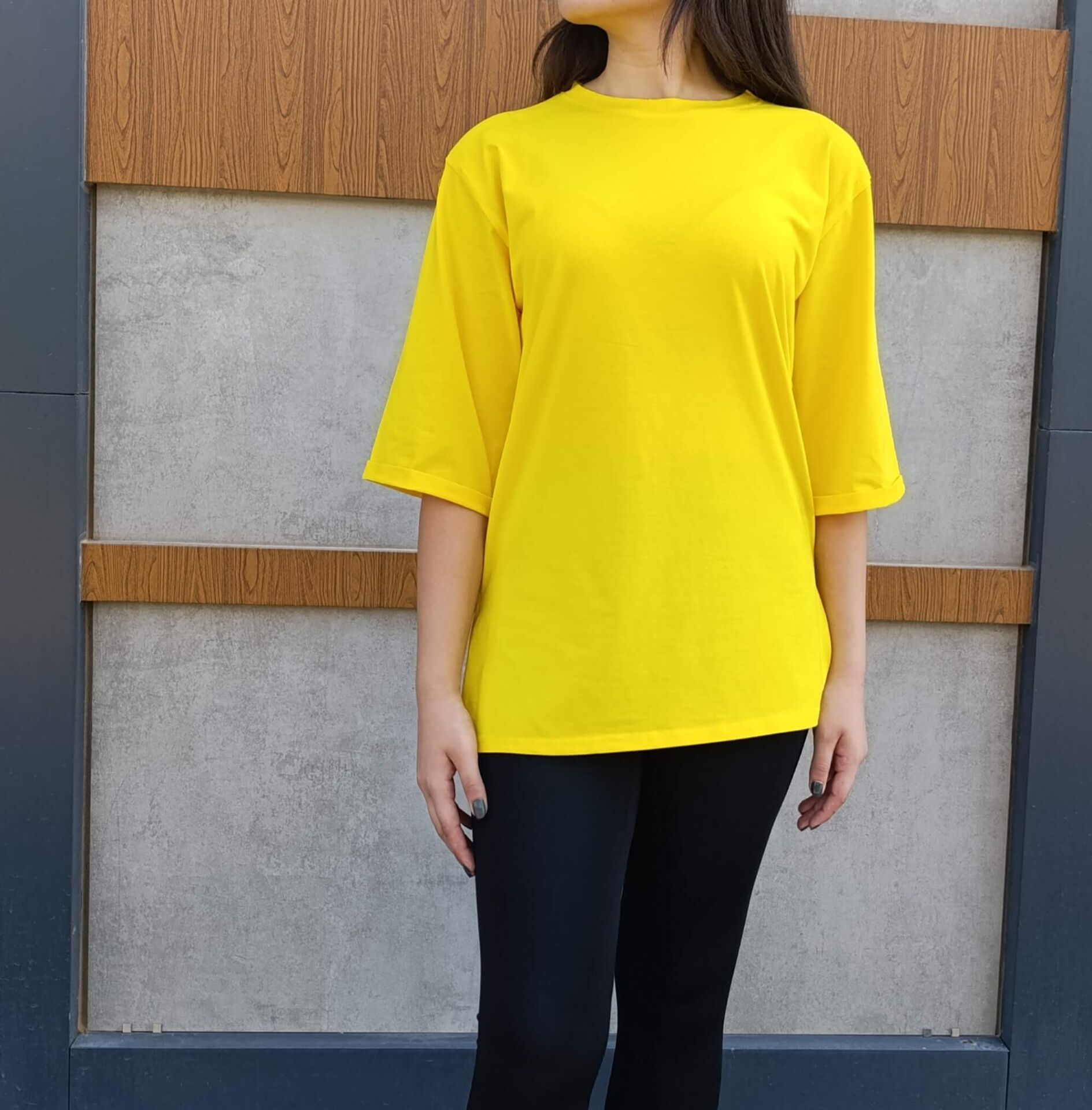 Bisiklet Yaka Düz Yarım Kollu Yırtmaç Detaylı Rahat Kesim Oversize T-shirt-Tişört