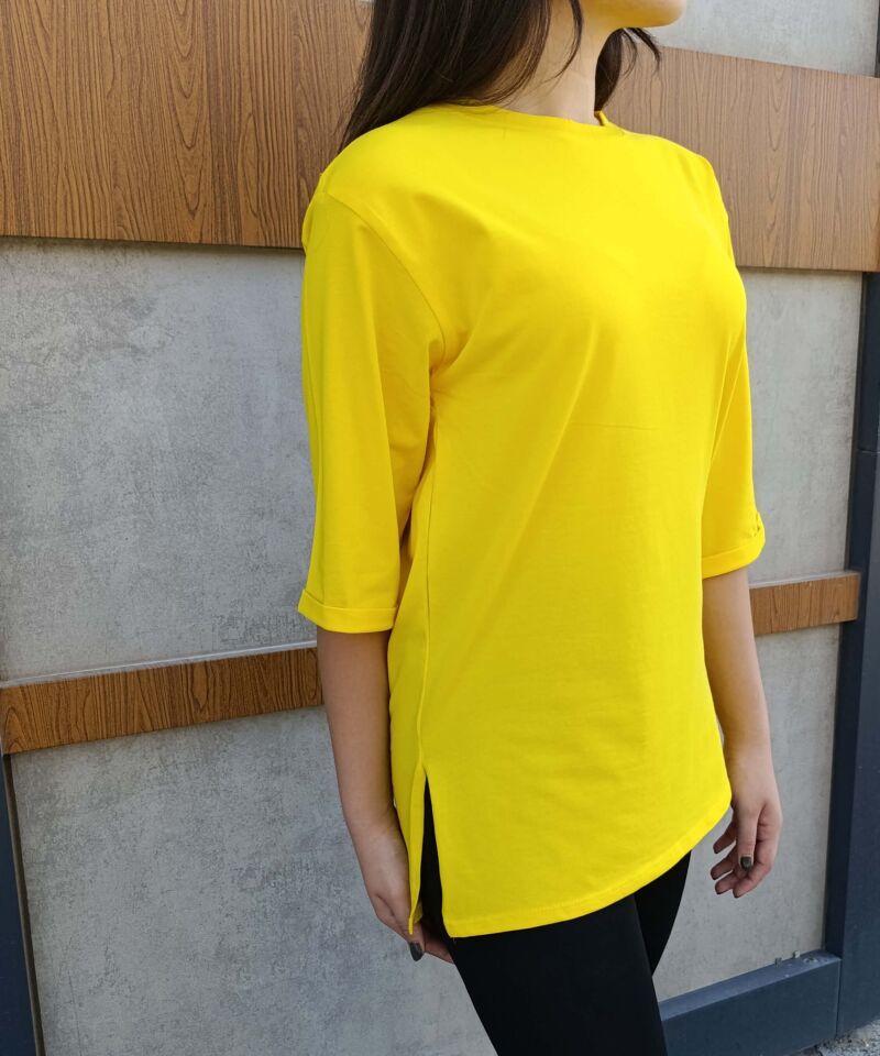 Bisiklet Yaka Düz Yarım Kollu Yırtmaç Detaylı Rahat Kesim Oversize T-shirt-Tişört