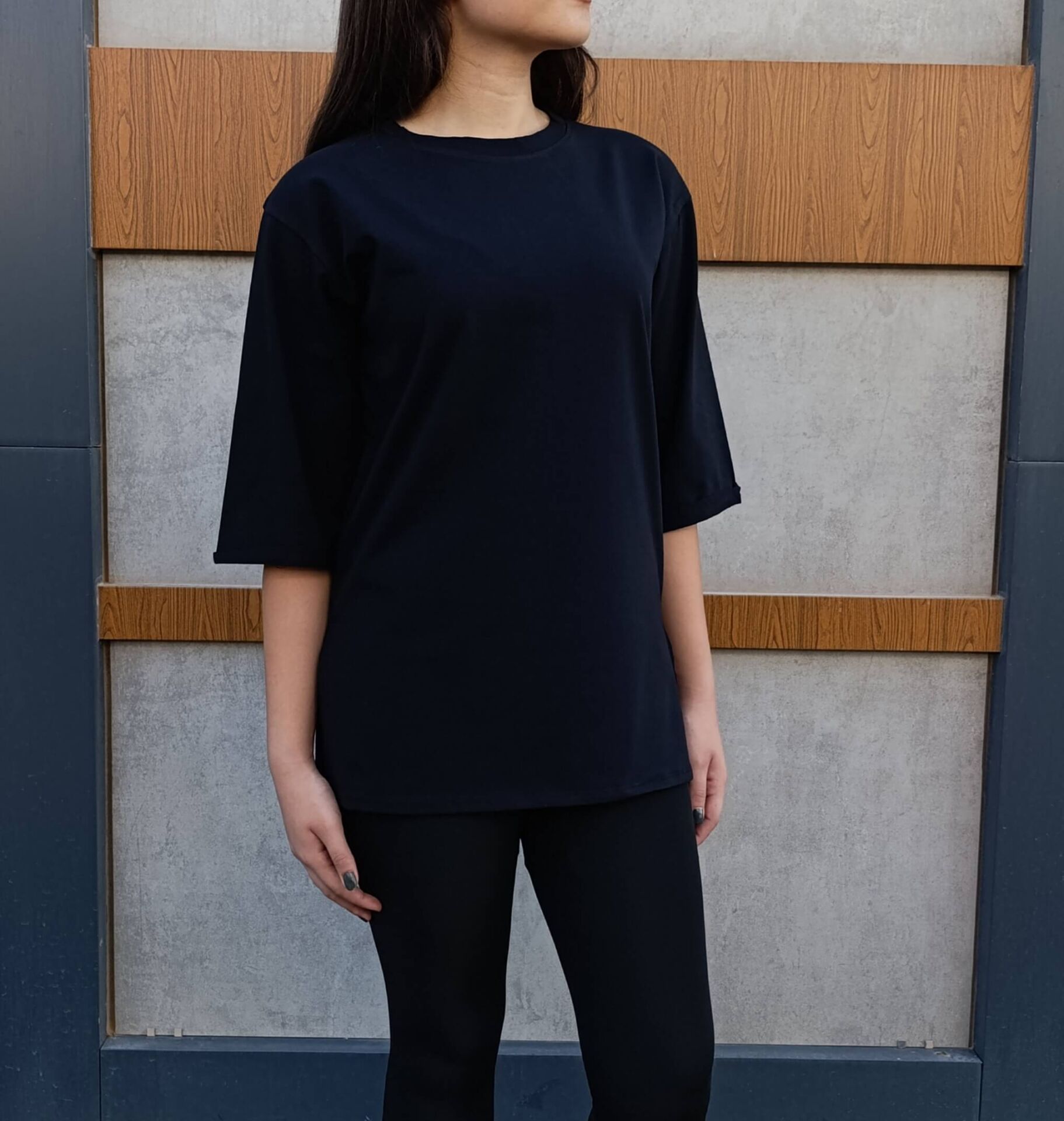 Bisiklet Yaka Düz Yarım Kollu Yırtmaç Detaylı Rahat Kesim Oversize T-shirt-Tişört