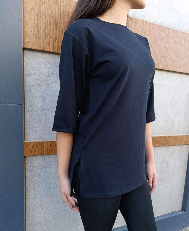 Bisiklet Yaka Düz Yarım Kollu Yırtmaç Detaylı Rahat Kesim Oversize T-shirt-Tişört