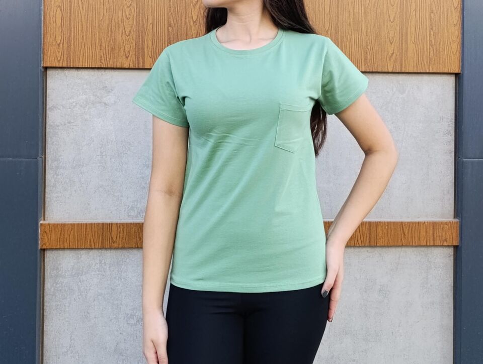 Bisiklet Yaka Cep Detaylı Kadın 3'lü T-shirt-Tişört