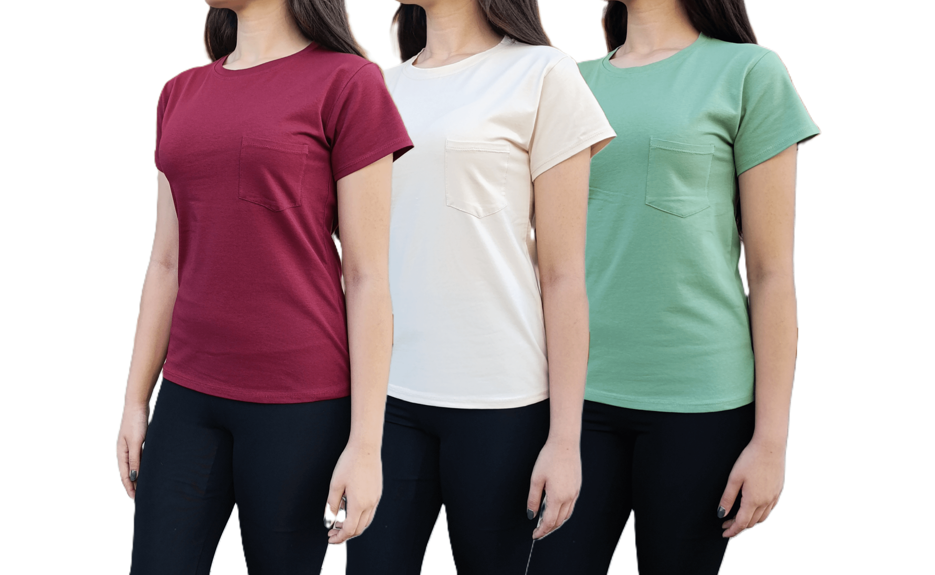 Bisiklet Yaka Cep Detaylı Kadın 3'lü T-shirt-Tişört