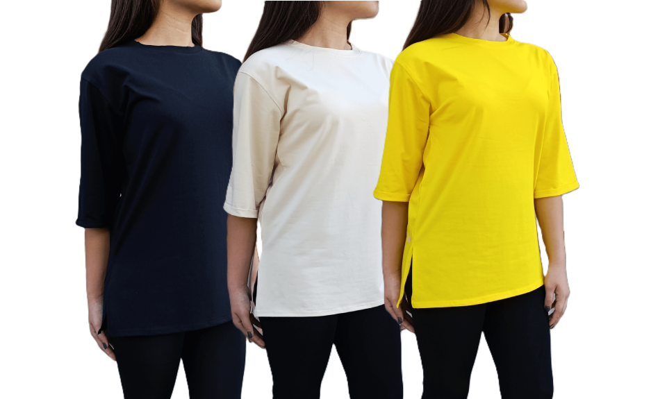 Bisiklet Yaka Düz Yarım Kollu Yırtmaç Detaylı Rahat Kesim Oversize 3'lü T-shirt-Tişört