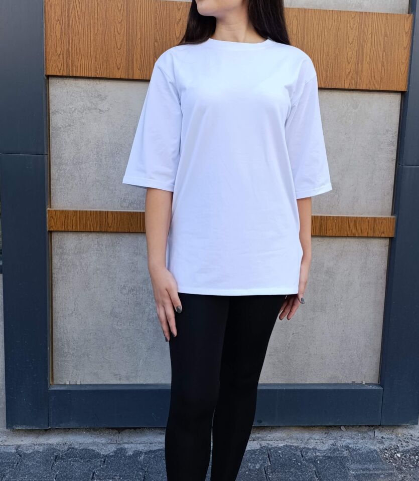 Bisiklet Yaka Düz Yarım Kollu Yırtmaç Detaylı Rahat Kesim Oversize 3'lü T-shirt-Tişört