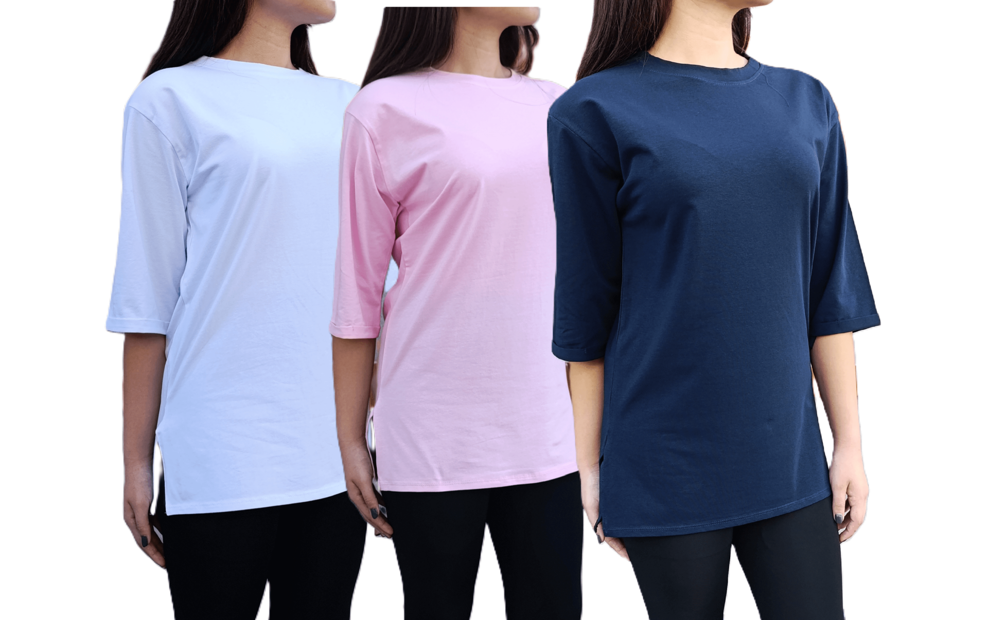 Bisiklet Yaka Düz Yarım Kollu Yırtmaç Detaylı Rahat Kesim Oversize 3'lü T-shirt-Tişört