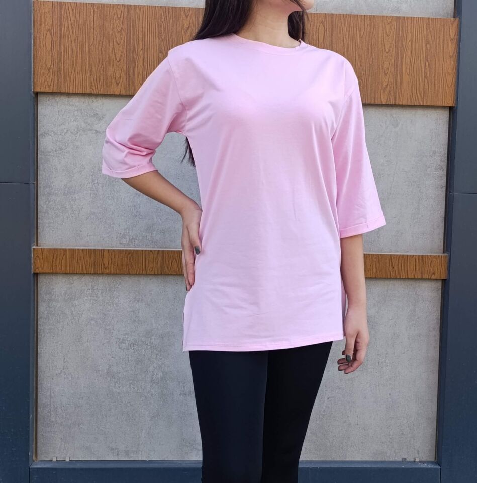 Bisiklet Yaka Düz Yarım Kollu Yırtmaç Detaylı Rahat Kesim Oversize 3'lü T-shirt-Tişört