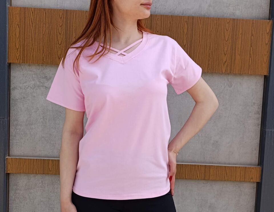 Kadın V Yaka İp Detaylı Rahat Kesim T-Shirt-Tişört