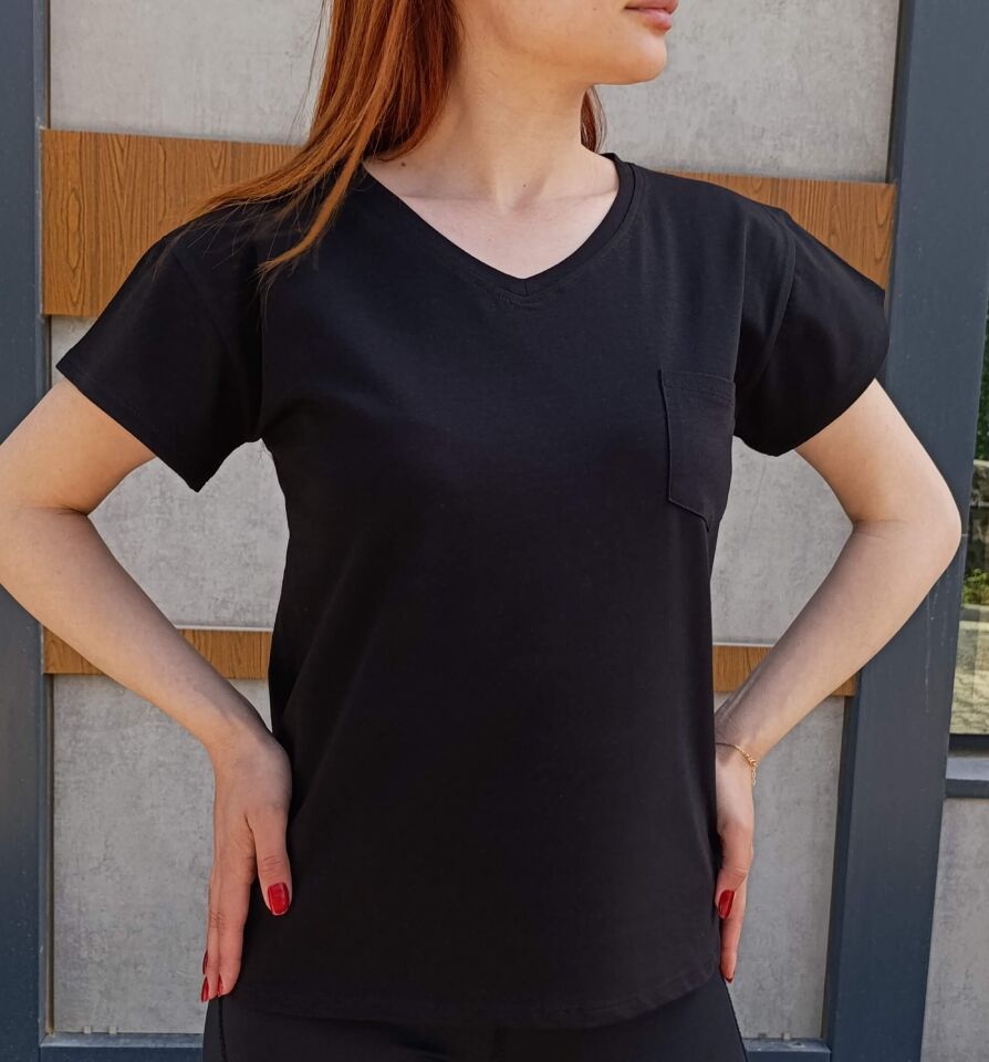V Yaka Cep Detaylı Basic Kadın T-shirt-Tişört