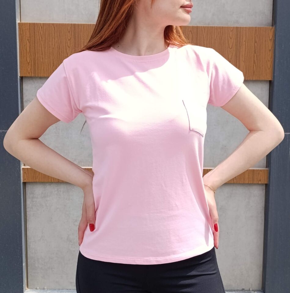 Bisiklet Yaka Cep Detaylı Basic Kadın T-shirt-Tişört
