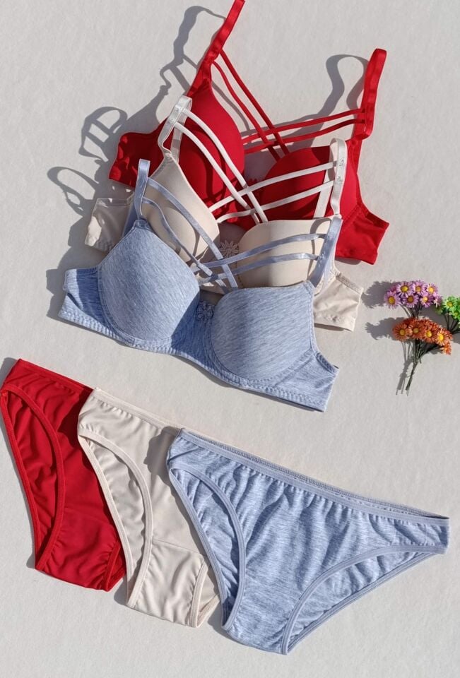 İçi Boş Kaplı Balenli Dolgusuz Çapraz İpli 3'lü Sütyen Ve Külot Iç Çamaşır Takımı ( İçi Boş )