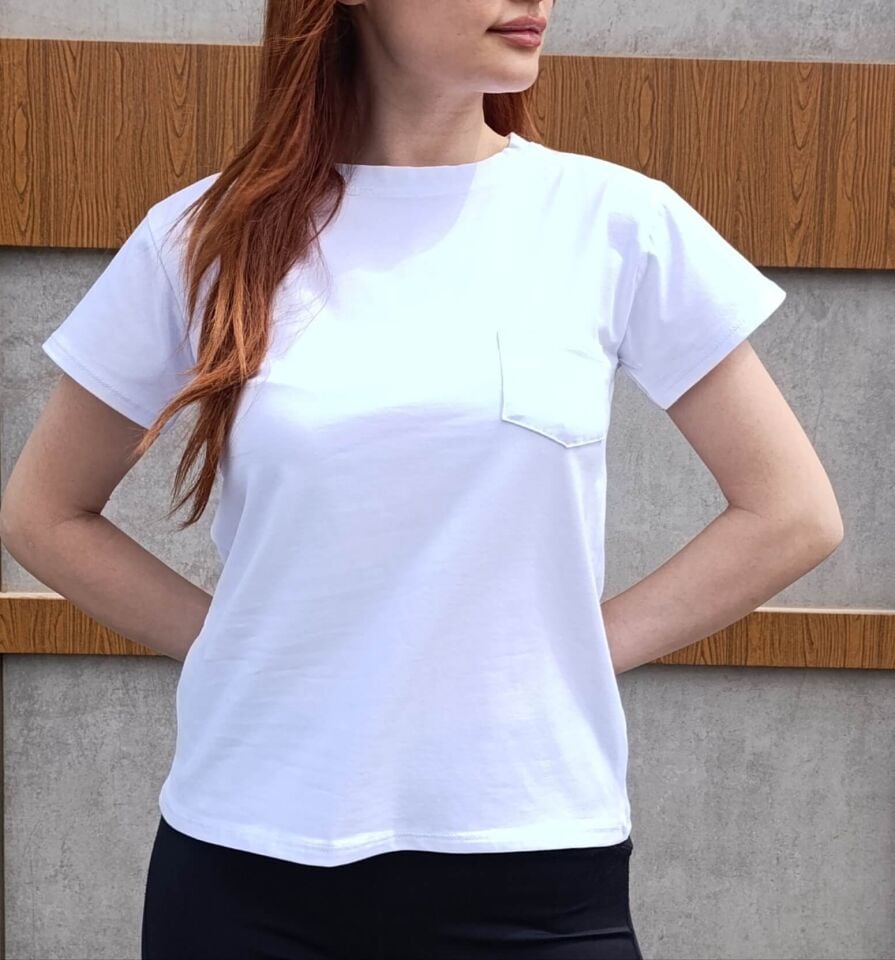 Bisiklet Yaka Cep Detaylı Basic Kadın T-shirt-Tişört