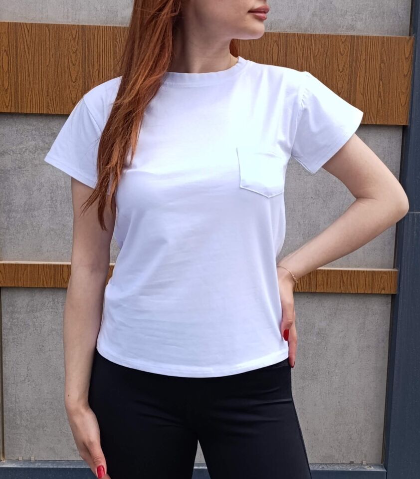 Bisiklet Yaka Cep Detaylı Basic Kadın T-shirt-Tişört