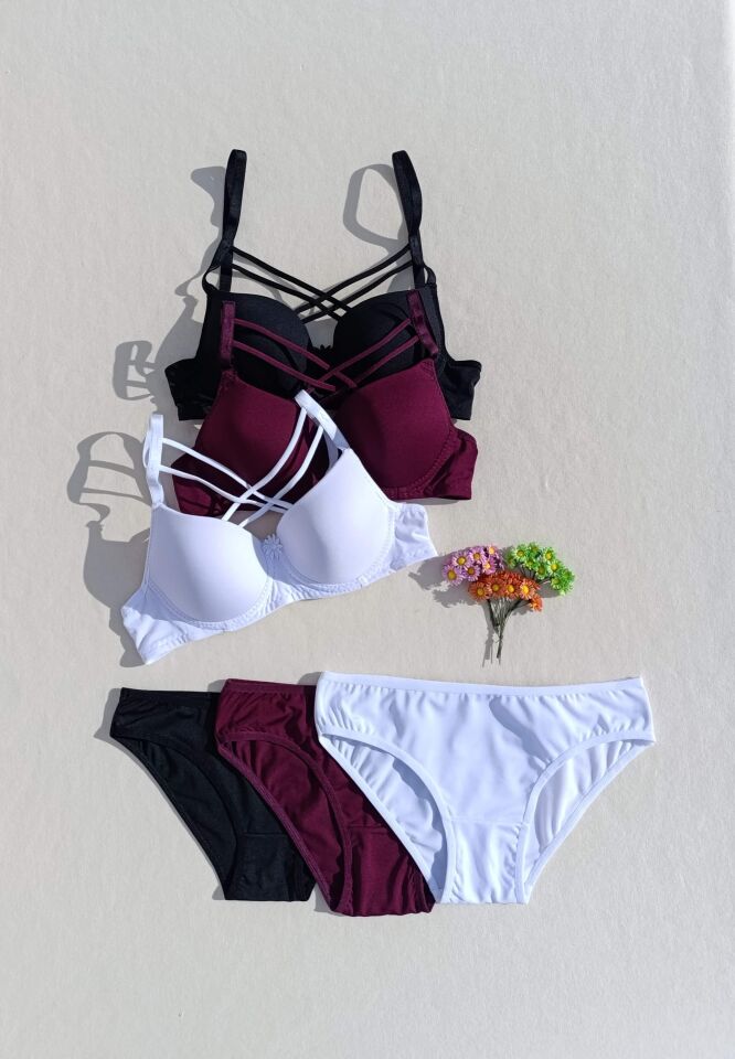 İçi Boş Kaplı Balenli Dolgusuz Çapraz İpli 3'lü Sütyen Ve Külot Iç Çamaşır Takımı ( İçi Boş )