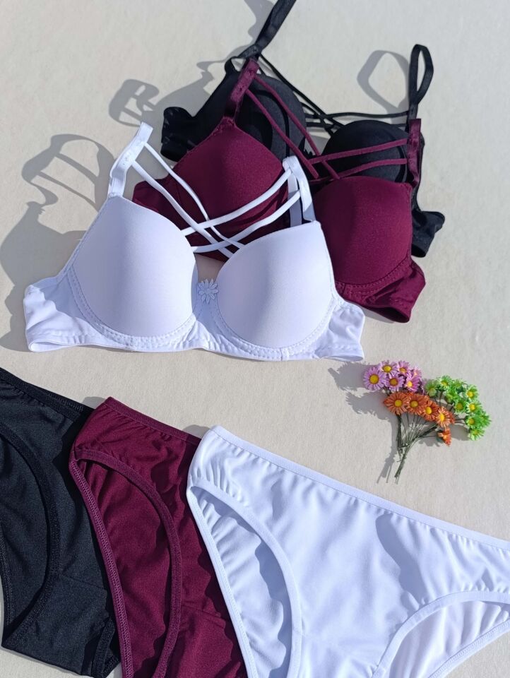 İçi Boş Kaplı Balenli Dolgusuz Çapraz İpli 3'lü Sütyen Ve Külot Iç Çamaşır Takımı ( İçi Boş )