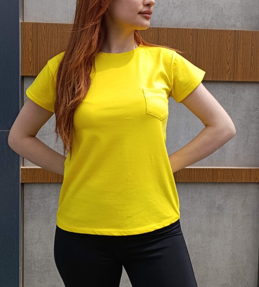 Bisiklet Yaka Cep Detaylı Basic Kadın T-shirt-Tişört
