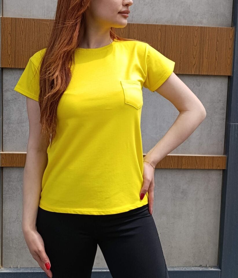 Bisiklet Yaka Cep Detaylı Basic Kadın T-shirt-Tişört