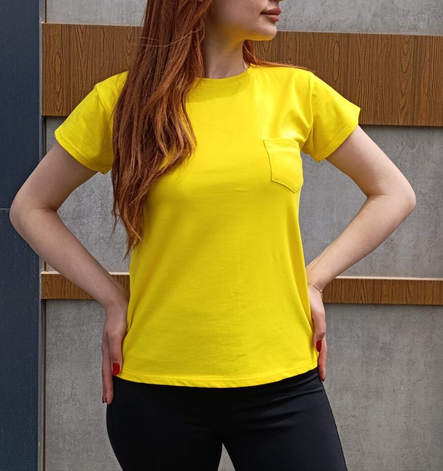 Bisiklet Yaka Cep Detaylı Basic Kadın T-shirt-Tişört