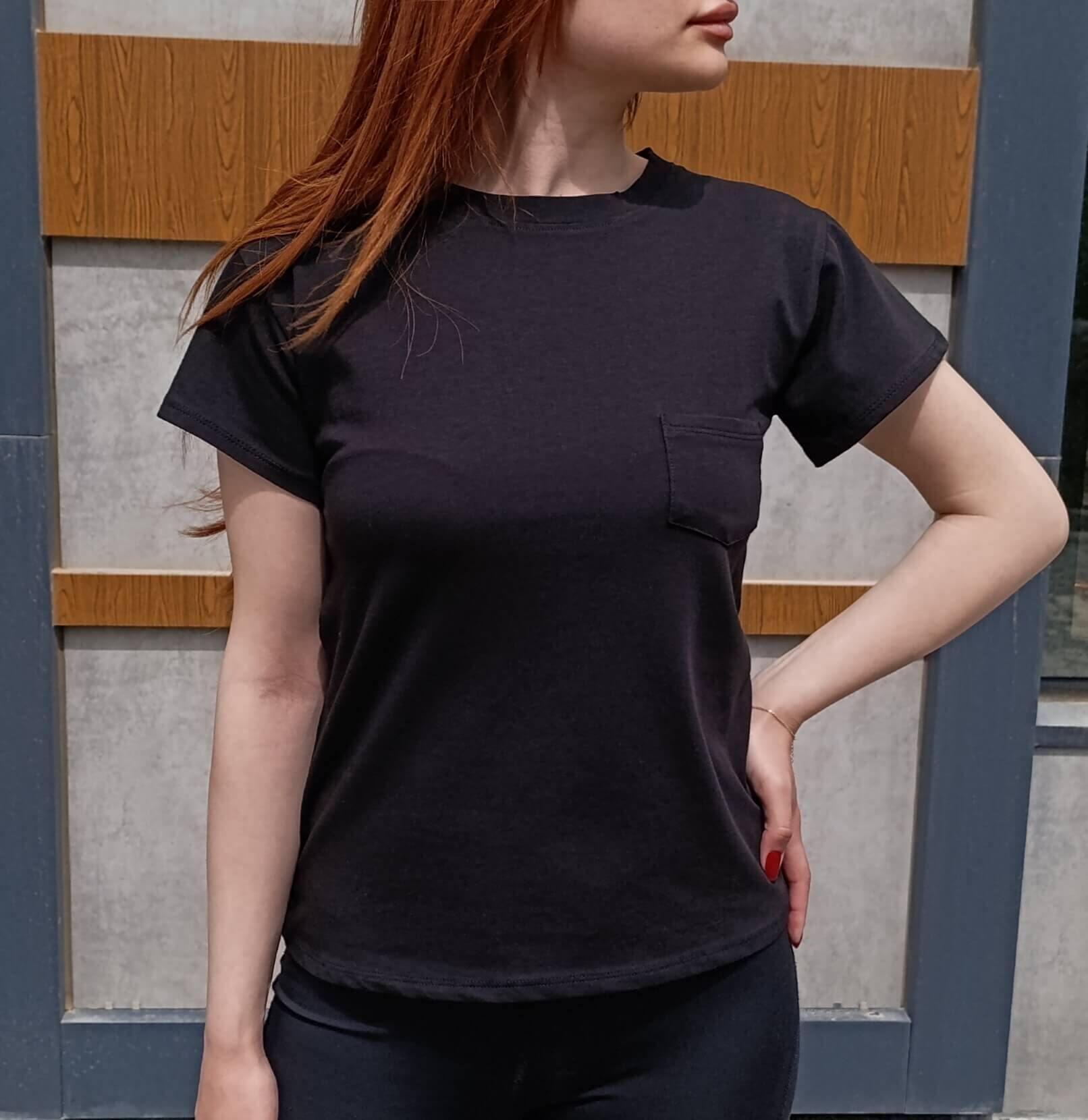 Bisiklet Yaka Cep Detaylı Basic Kadın T-shirt-Tişört