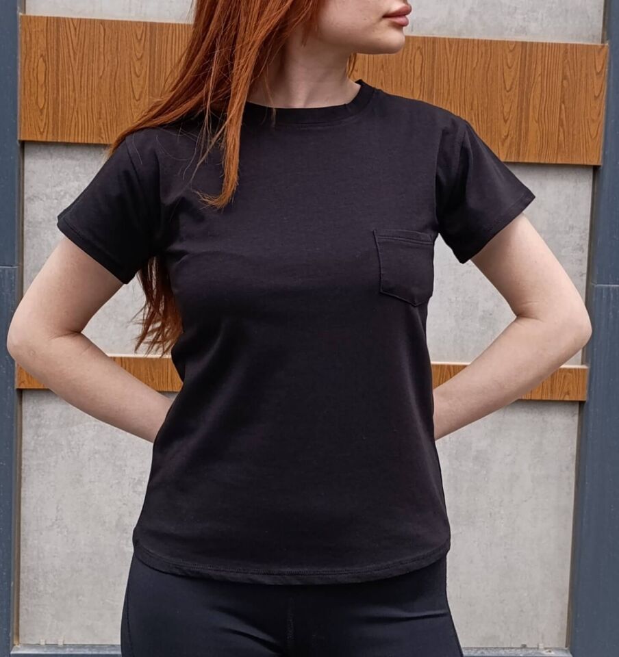 Bisiklet Yaka Cep Detaylı Basic Kadın T-shirt-Tişört