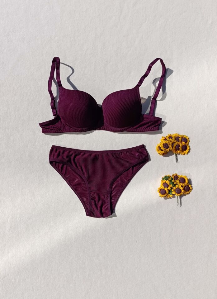 Fitilli Dolgulu Mürdüm Sütyen Ve Külot İç Çamaşır Takımı