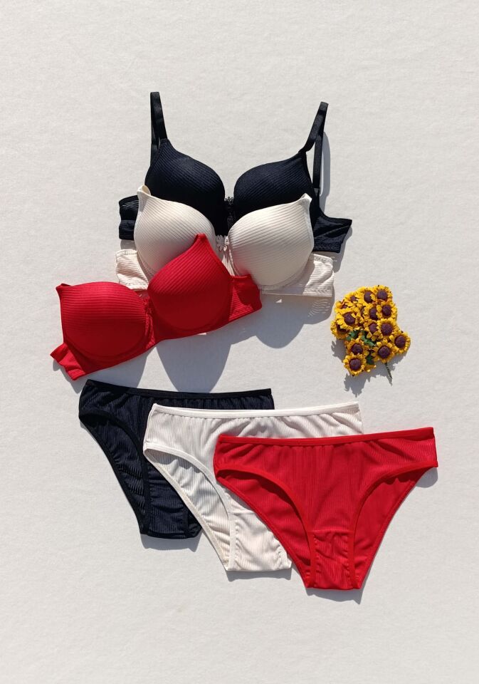 Fitilli Dolgulu 3'lü Sütyen Ve Külot Iç Çamaşır Takımı