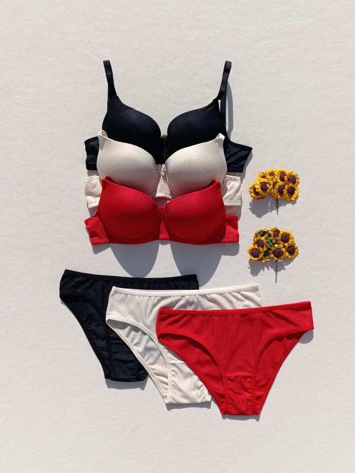 Fitilli Dolgulu 3'lü Sütyen Ve Külot Iç Çamaşır Takımı