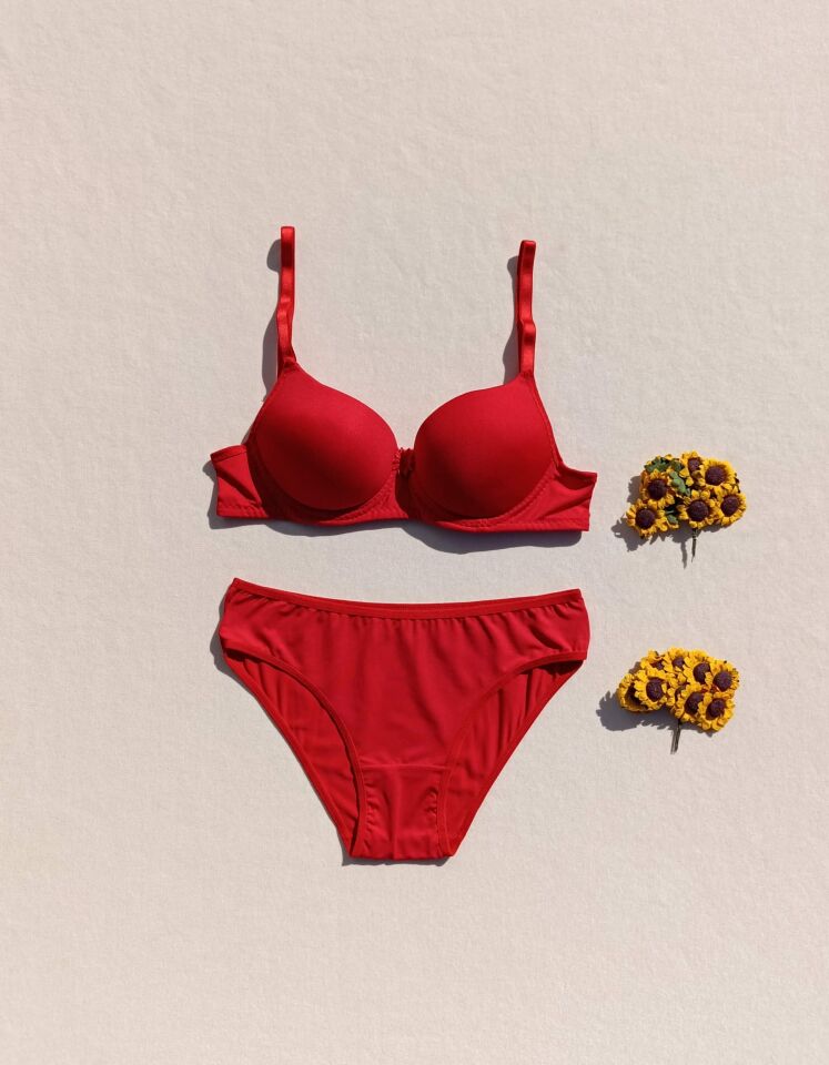 Push Up Dolgulu Micro Kımızı Sütyen Ve Külot İç Çamaşır Takımı