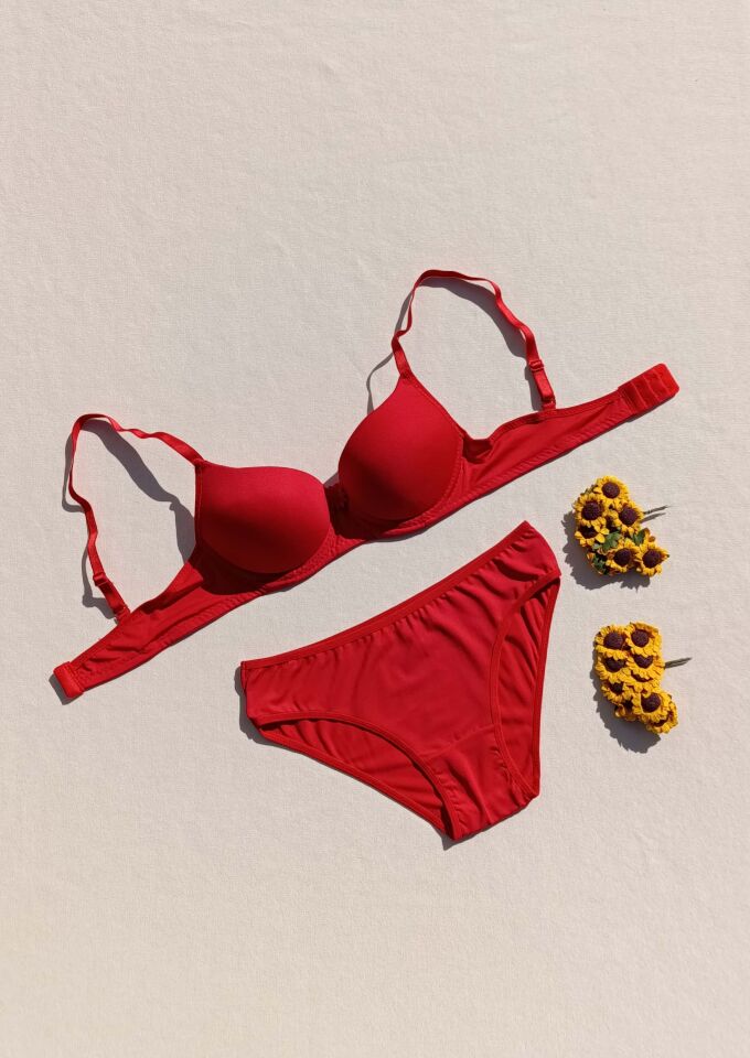 Push Up Dolgulu Micro Kımızı Sütyen Ve Külot İç Çamaşır Takımı