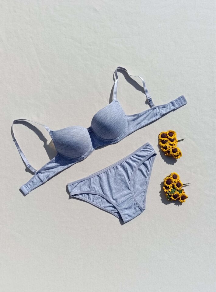 Push Up Dolgulu Micro Gri Sütyen Ve Külot İç Çamaşır Takımı