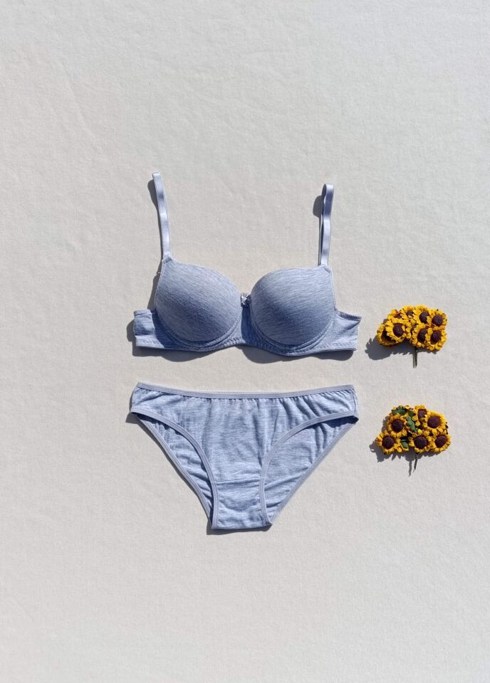 Push Up Dolgulu Micro Gri Sütyen Ve Külot İç Çamaşır Takımı