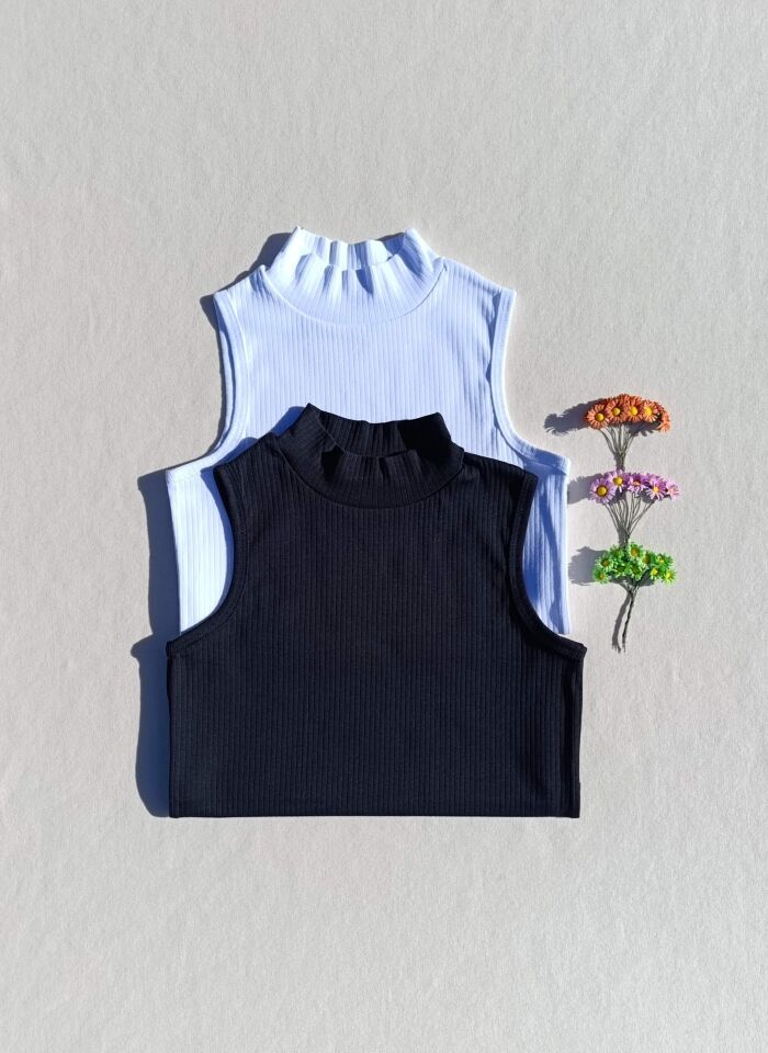 Fitilli Sıfır Kol Boğazlı 2'li Siyah, Beyaz Kadın Body -Badi