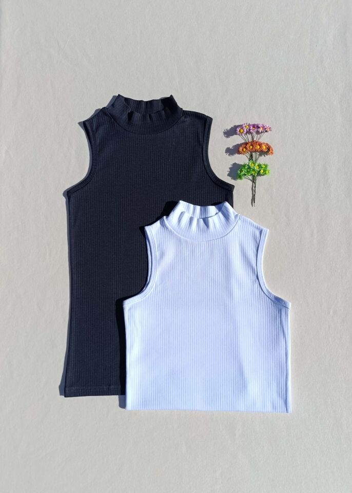 Fitilli Sıfır Kol Boğazlı 2'li Siyah, Beyaz Kadın Body -Badi