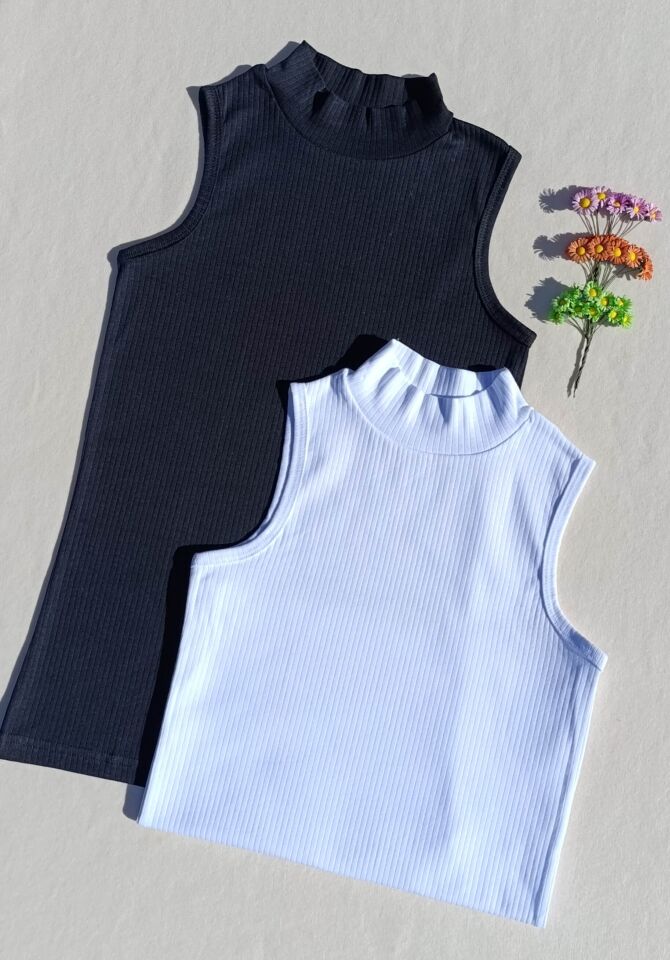 Fitilli Sıfır Kol Boğazlı 2'li Siyah, Beyaz Kadın Body -Badi