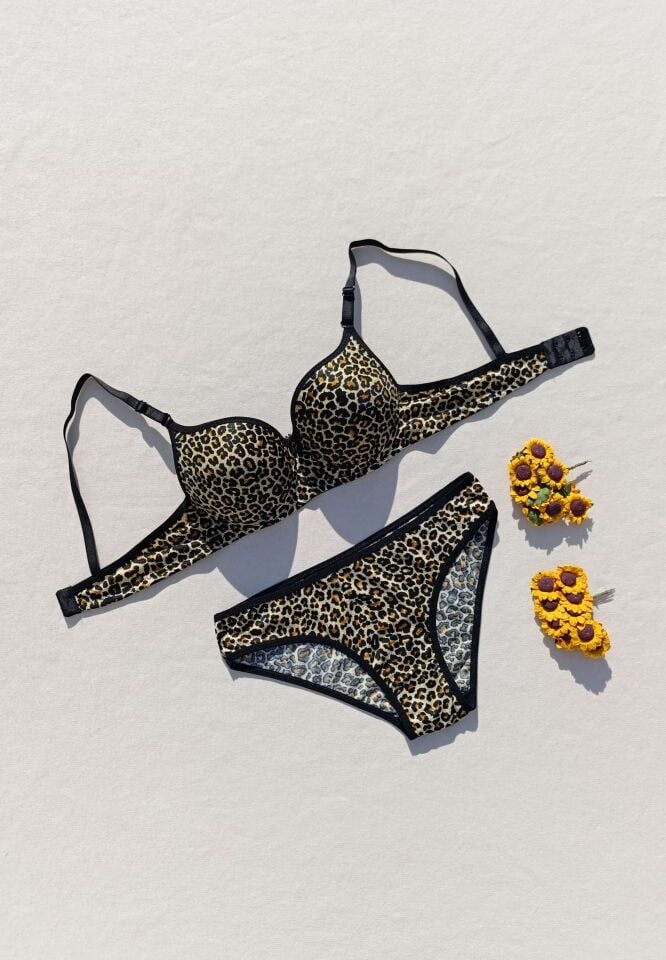 Push Up Dolgulu Micro Leopar Desenli Sütyen Ve Külot İç Çamaşır Takımı