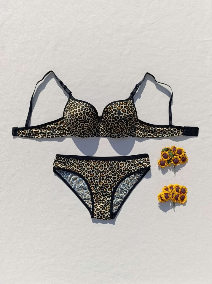 Push Up Dolgulu Micro Leopar Desenli Sütyen Ve Külot İç Çamaşır Takımı