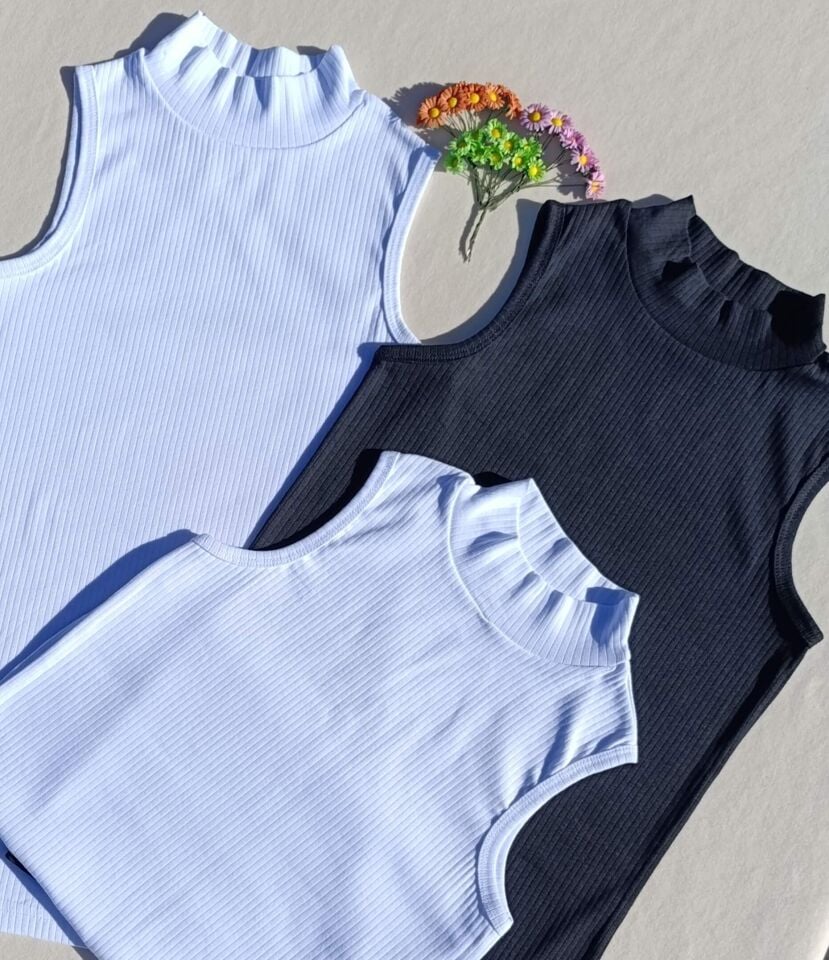 Fitilli Sıfır Kol Boğazlı 3'lü Siyah, Beyaz Kadın Body -Badi